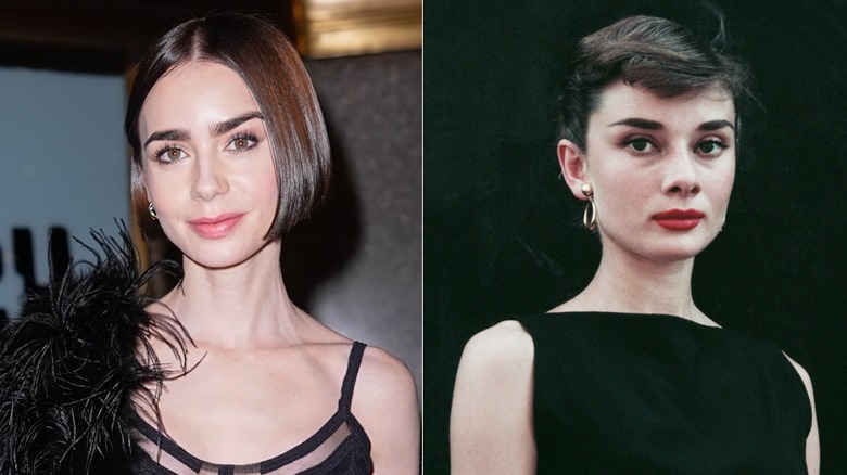 Lily Collins in a black dress and Audrey Hepburn in a black dress