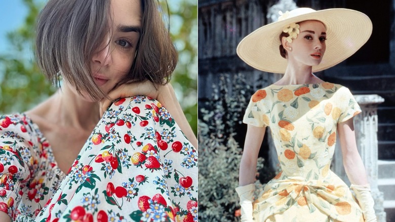 Lily Collins in a fruit dress taking a selfie and Audrey Hepburn in a fruit dress with a wide hat