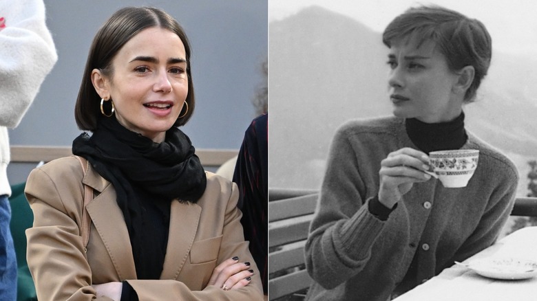 Lily Collins in a blazer and scarf and Audrey Hepburn in a sweater and turtleneck drinking tea