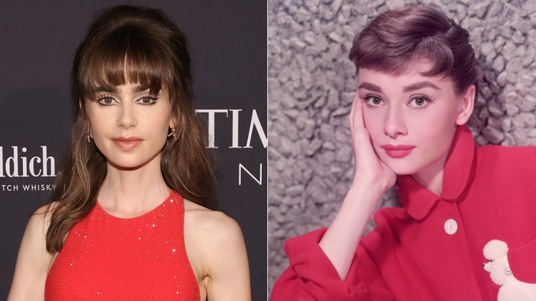 Lily Collins in a red dress and Audrey Hepburn in a red jacket