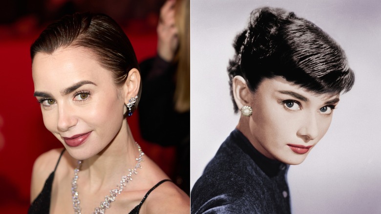 Lily Collins in a black dress with her hair slick back and Audrey Hepburn in a short haircut