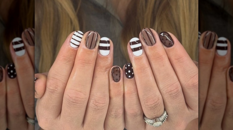 mocha stripes and dots nails