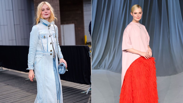 Elle Fanning at two different events, one in a denim jacket and one in a red skirt