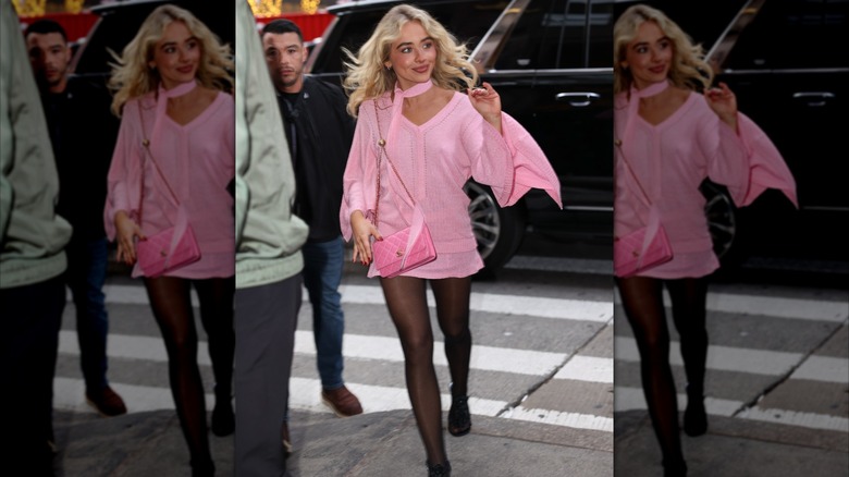 Sabrina Carpenter in pink in New York in December 2025