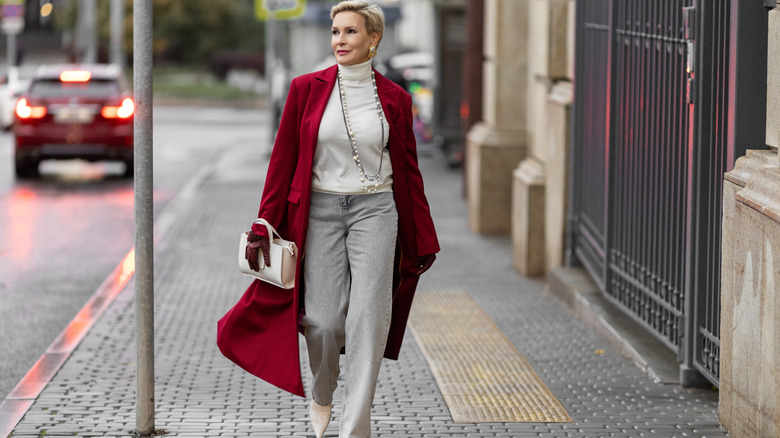Woman in a long red coat