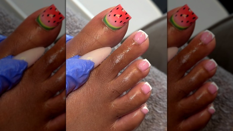A watermelon and French tip pedicure