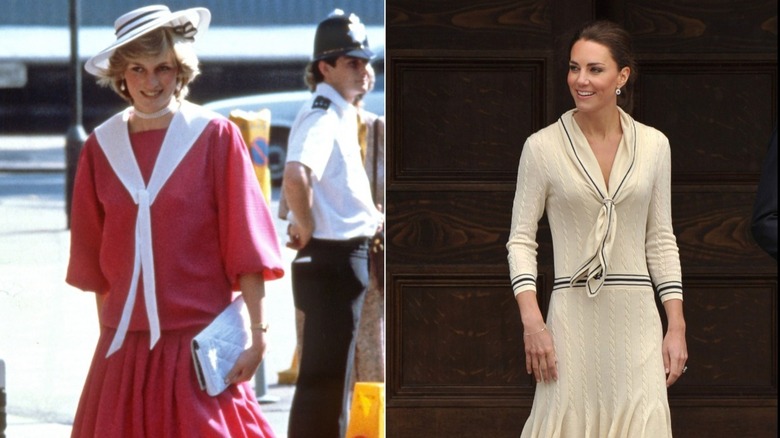 Side-by-side photos of Princess Diana, wearing a red nautical shirt and skirt, and Kate Middleton, in a cream nautical sweater and skirt