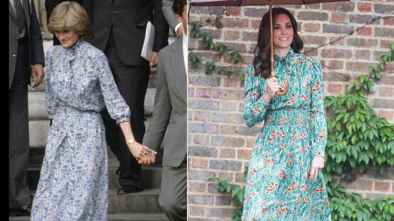 Side-by-side photos of Princess Diana and Kate Middleton in high-necked dresses with micro floral patterns