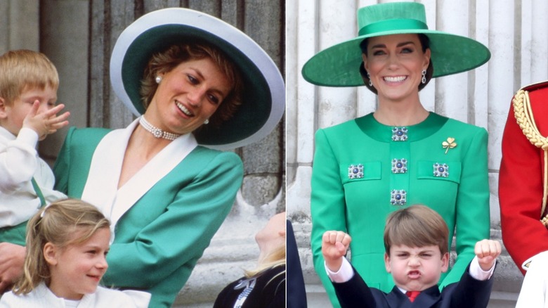 Side-by-side photos of Princess Diana and Kate Middleton wearing Kelly green at Trooping the Colour events