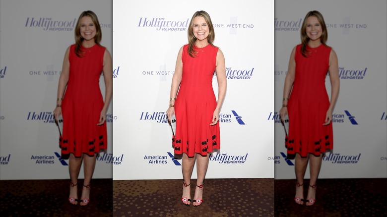 Savannah Guthrie attends The Hollywood Reporter's 35 Most Powerful People In Media 2017, wearing a red dress and floral heels