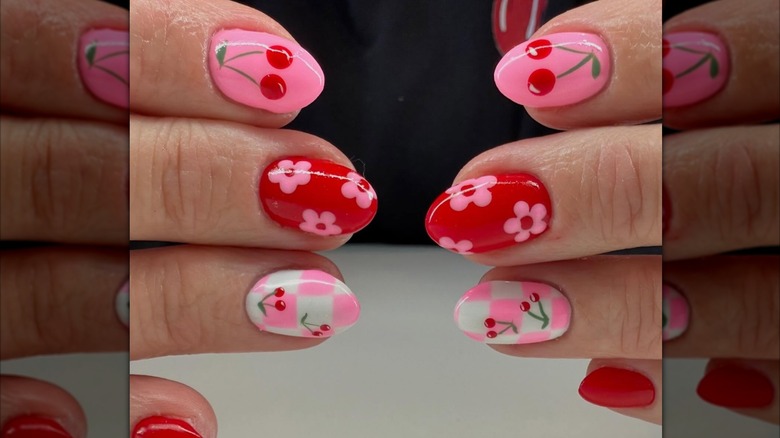 Cherry and flower manicure