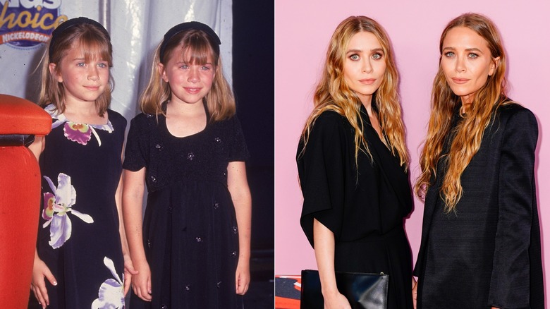 Mary-Kate Olsen and Ashley Olsen in the '90s and 2019, side by side photos