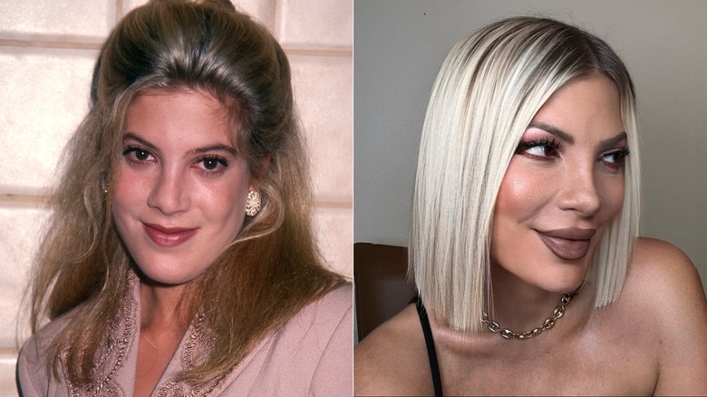 Tori Spelling in the '90s and in 2025, side by side photos