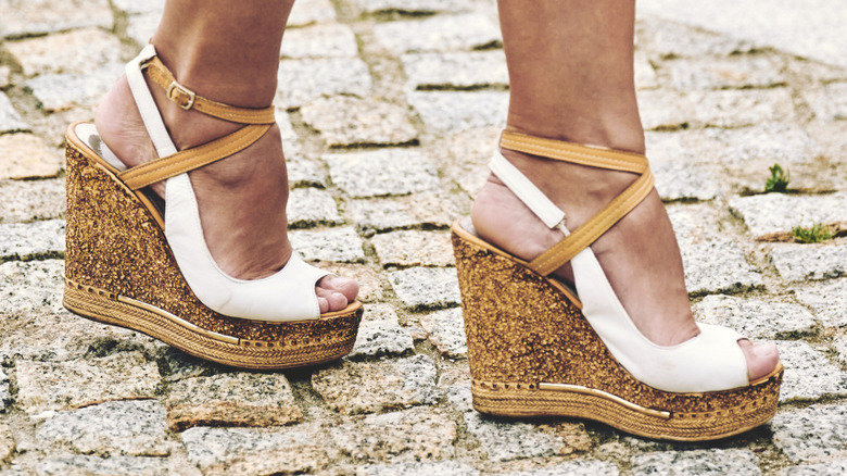 Woman wearing wedge sandals