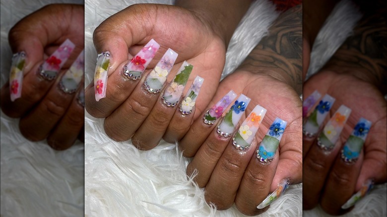 Milk bath nails with rhinestones