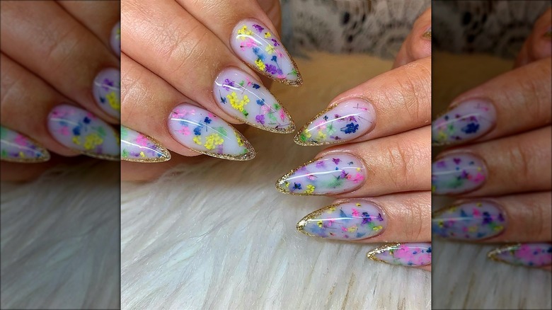Milk bath nails with gold glitter