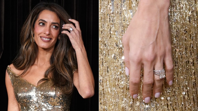Split image of Amal Clooney attending The Albies in 2026 while wearing a gold gown and light pink manicure