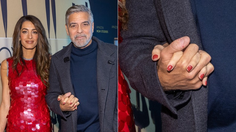 Split image of Amal Clooney holding hands with George Clooney at a movie screening, with her nails being painted with a terracotta shade