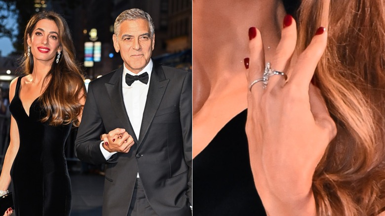 Split image of Amal Clooney spotted ahead of The Albies in 2024 with her nails painted a dark red color