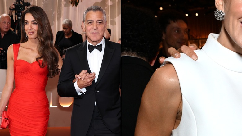 Split image of Amal Clooney, holding hands with Georage Clooney and a close-up of her hand on another woman's shoulder, with both pictures showing her barely-there manicure