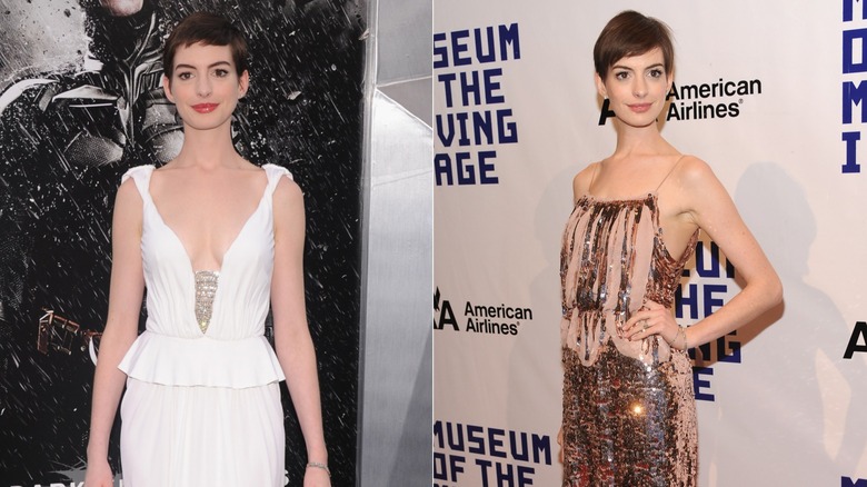 Anne Hathaway in a white dress and in a sequin dress on the red carpet in 2012, side by side photos