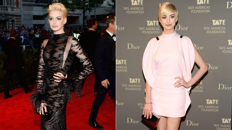 Anne Hathaway posing on red carpet in 2013 with blond hair, side by side photos