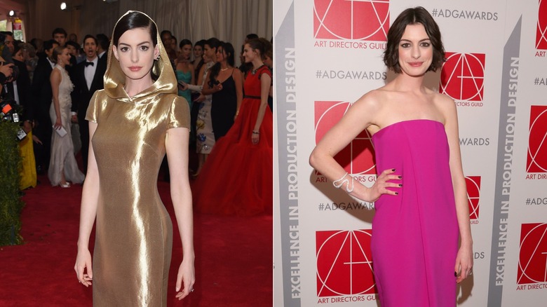 Anne Hathaway in a hooded dress and in a strapless pink dress on the red carpet in 2015, side by side photos