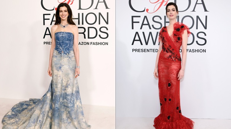 Anne Hathaway at the 2023 CFDA Fashion Awards red carpet in a denim two-piece and a long red dress, side by side photos