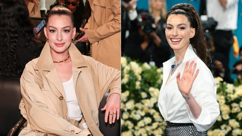 Anne Hathaway wearing a high ponytail in 2025 at the Ralph Lauren Collection Fall event and the Met Gala, side by side photos