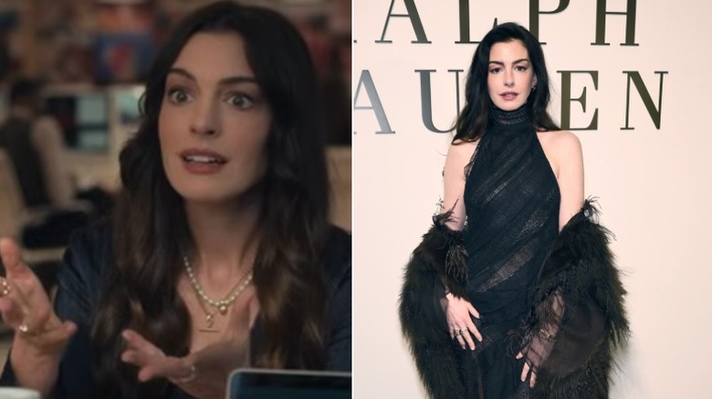 Anne Hathaway as Andy Sachs in The Devil Wears Prada 2 trailer and wearing dark sunglasses on the red carpet at a Ralph Lauren event in 2026, side by side photos