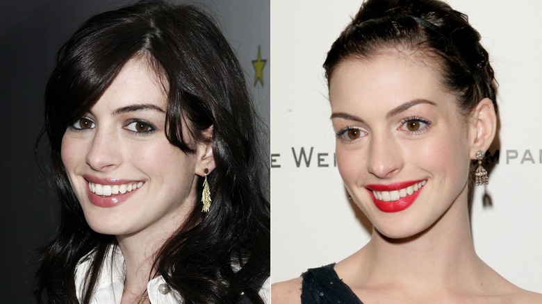 Anne Hathaway with darker hair in 2006 with a smoky eye and with red lipstick, side by side photos