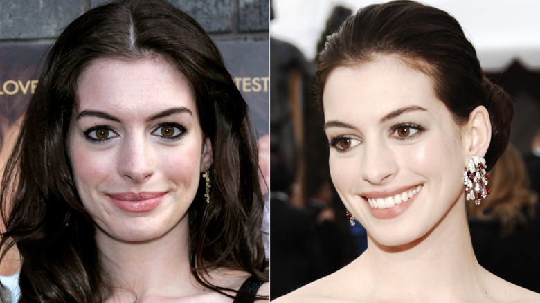 Anne Hathaway with heavy eyeliner on the red carpet and subtle makeup in 2007, side by side photos