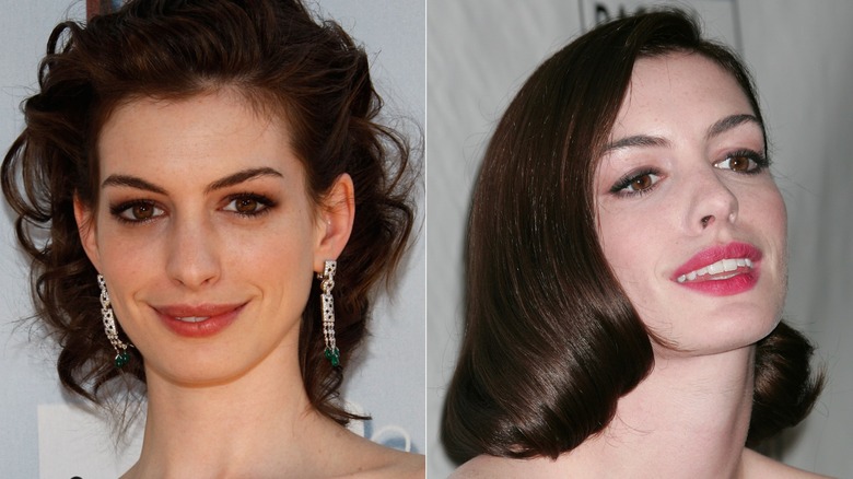 Anne Hathaway with an exaggerated blowout and dark eyeliner and with pink lipstick in 2008, side by side photos