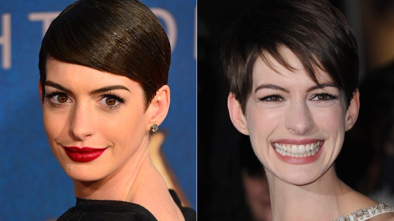 Anne Hathaway wearing dark red lipstick with short hair and smiling with her lips apart on the red carpet in 2012, side by side photos