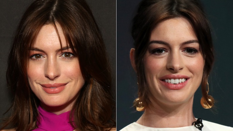 Pregnant Anne Hathaway smiling in a pink dress and smiling in a white dress at events in 2019, side by side photos