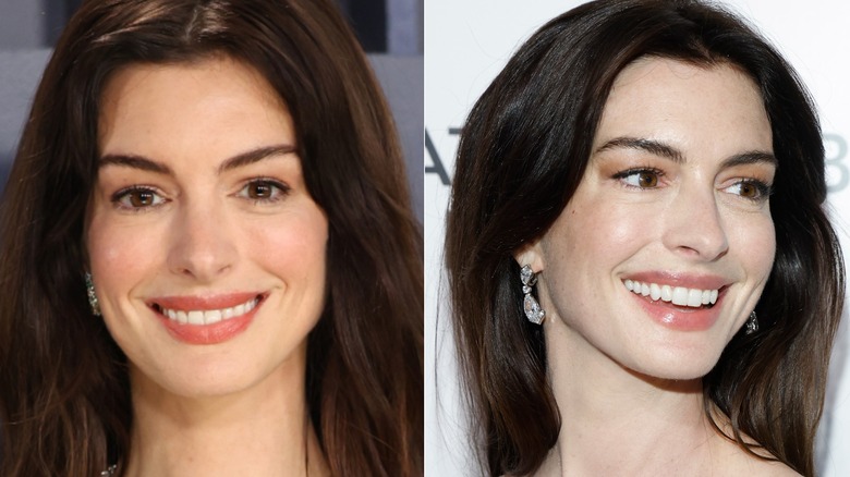 Anne Hathaway smiling on two red carpets in 2024, side by side photos