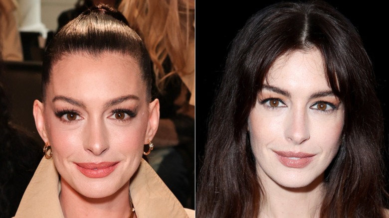 Anne Hathaway slightly smiling at two events in 2024, side by side photos