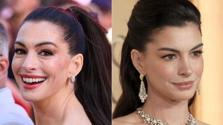 Anne Hathaway smiling on two red carpets in 2026, side by side photos
