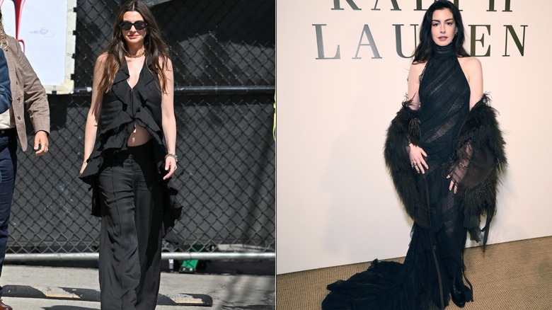 Anne Hathaway in two black outfits in 2026, side by side photos