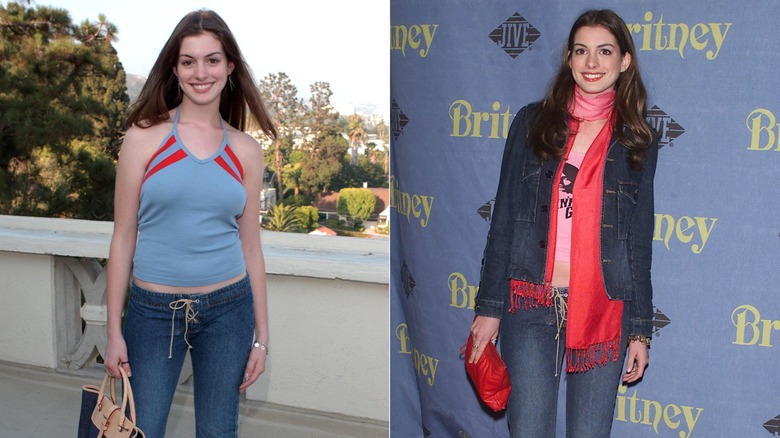 Anne Hathaway in 2001, posing in a halterhneck top and jeans and a double-denim look on the red carpet, side by side photos