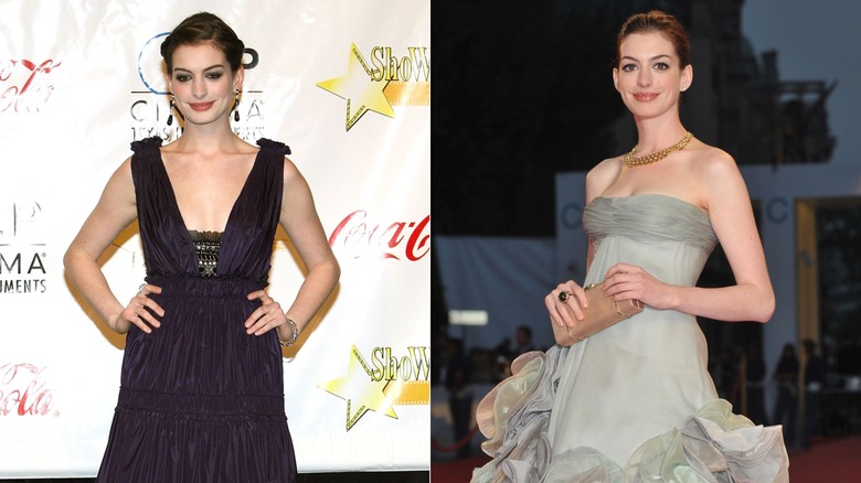Anne Hathaway on the red carpet in 2008, wearing a plunging dark gown and a silky light green dress, side by side photos