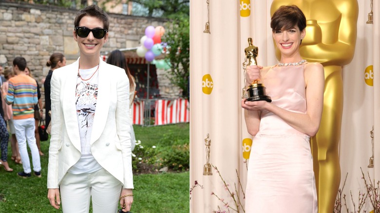 Anne Hathaway with short hair and wearing sunglasses while smiling outside in 2012 and holding her first Oscar in a light pink dress, side by side photos