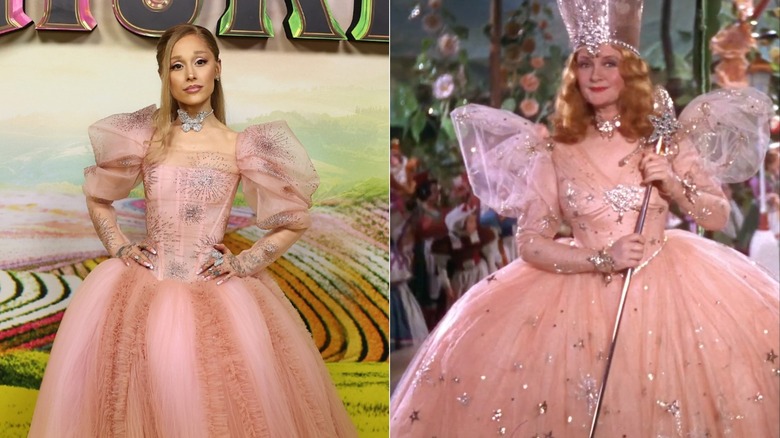 Ariana Grande posing in a pink ball gown at the Australian premiere of "Wicked," alongside an image of Billie Burke as Glinda in "The Wizard of Oz"