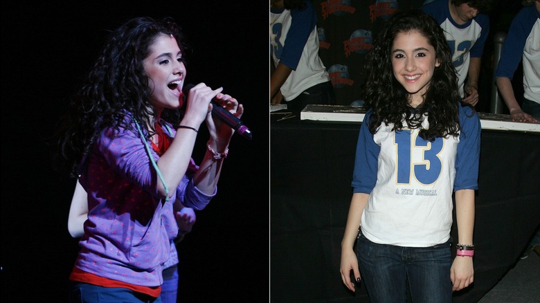 Ariana Grande performing and posing for photos in 2008, side by side images