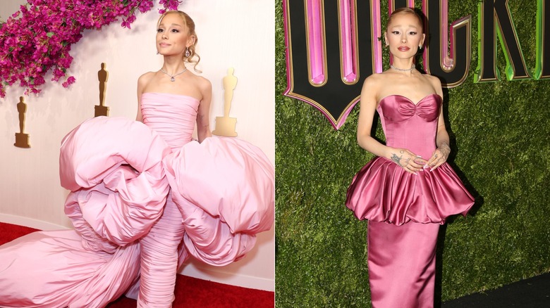 Ariana Grande wearing dresses on the red carpet in 2024, side by side photos