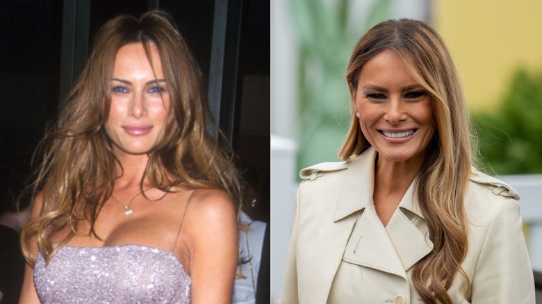 Side-by-side photos of Melania Trump comparing her look from when she was younger to her current look