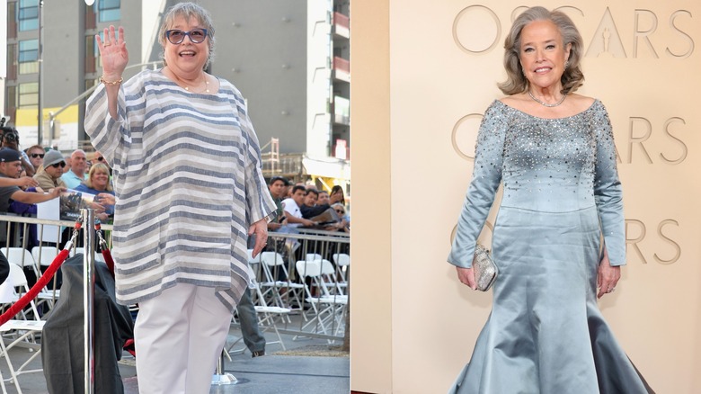L: Actor Kathy Bates attends a ceremony honoring Kate Winslet with the 2,520th Star on the Hollywood Walk of Fame on March 17, 2014 / R: Kathy Bates attends the 98th Oscars at Dolby Theatre on March 15, 2026