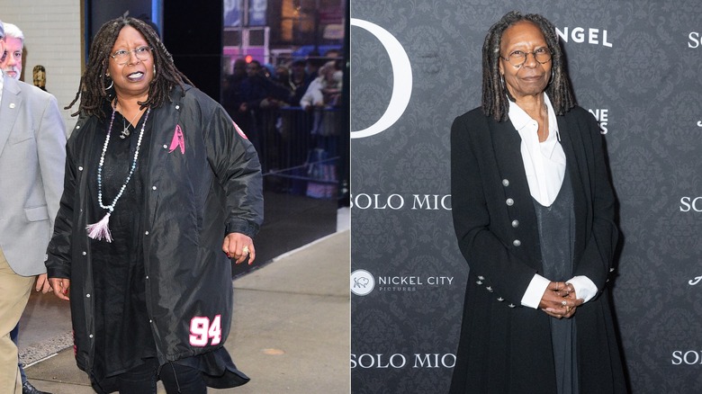 L: Whoopi Goldberg is seen leaving "GMA" on November 1, 2022 / R: Whoopi Goldberg attends the "Solo Mio" New York premiere at Regal Times Square on January 27, 2026