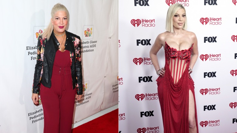 L: Actress Tori Spelling attends the Elizabeth Glaser Pediatric AIDS Foundation's 28th Annual "A Time For Heroes" Family Festival at Smashbox Studios on October 29, 2017 / R: Tori Spelling attends the 2026 iHeartRadio Music Awards at Dolby Theatre on March 26, 2026