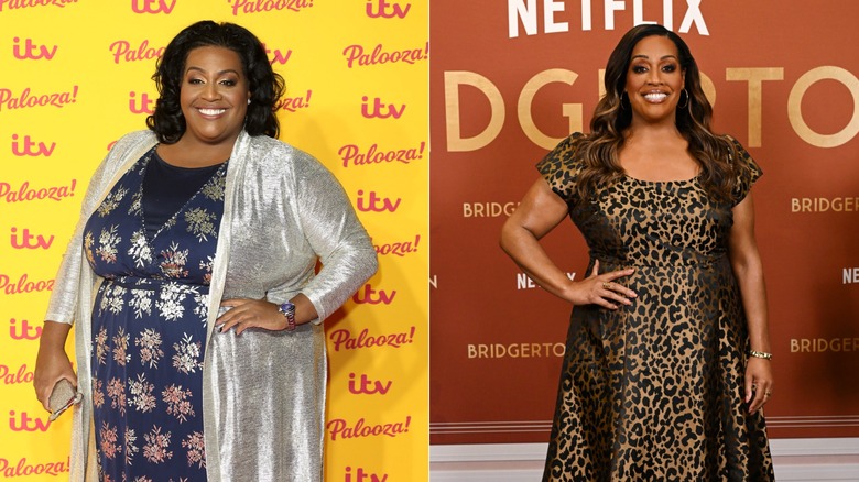 Alison Hammond smiles wearing in a silver cardigan. Alison Hammond smiles in a leopard print dress.